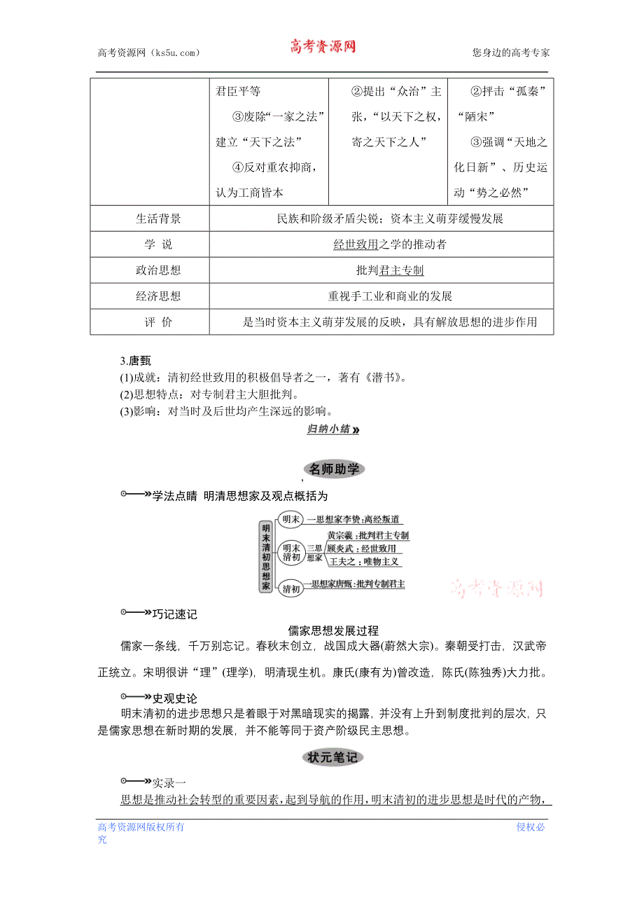 2013届高三历史专题课时训练第29课时 宋明理学与明末清初的思想活跃局面（新人教版）.doc_第3页