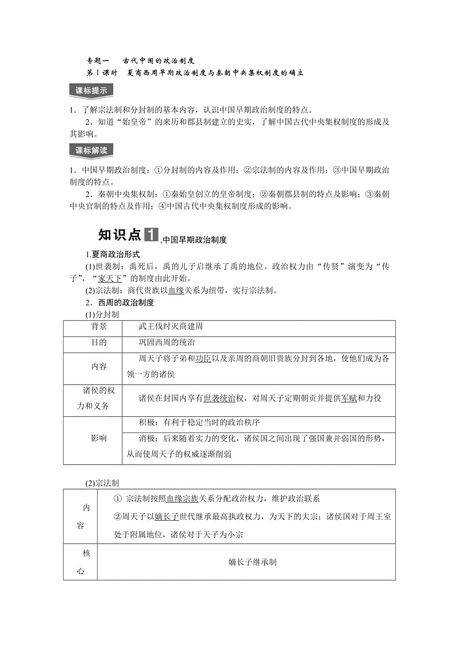 2013届高三历史专题课时训练第1课时 夏商西周早期政治制度与秦朝中央集权制度的确立（新人教版）.doc_第1页