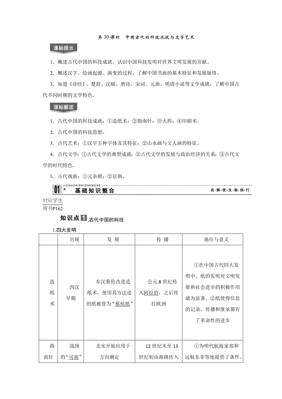 2013届高三历史专题课时训练第30课时 中国古代的科技成就与文学艺术（新人教版）.doc_第1页