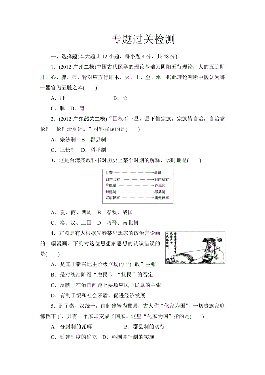 2013届高三历史二轮复习专题过关检测1 WORD版含答案.doc_第1页