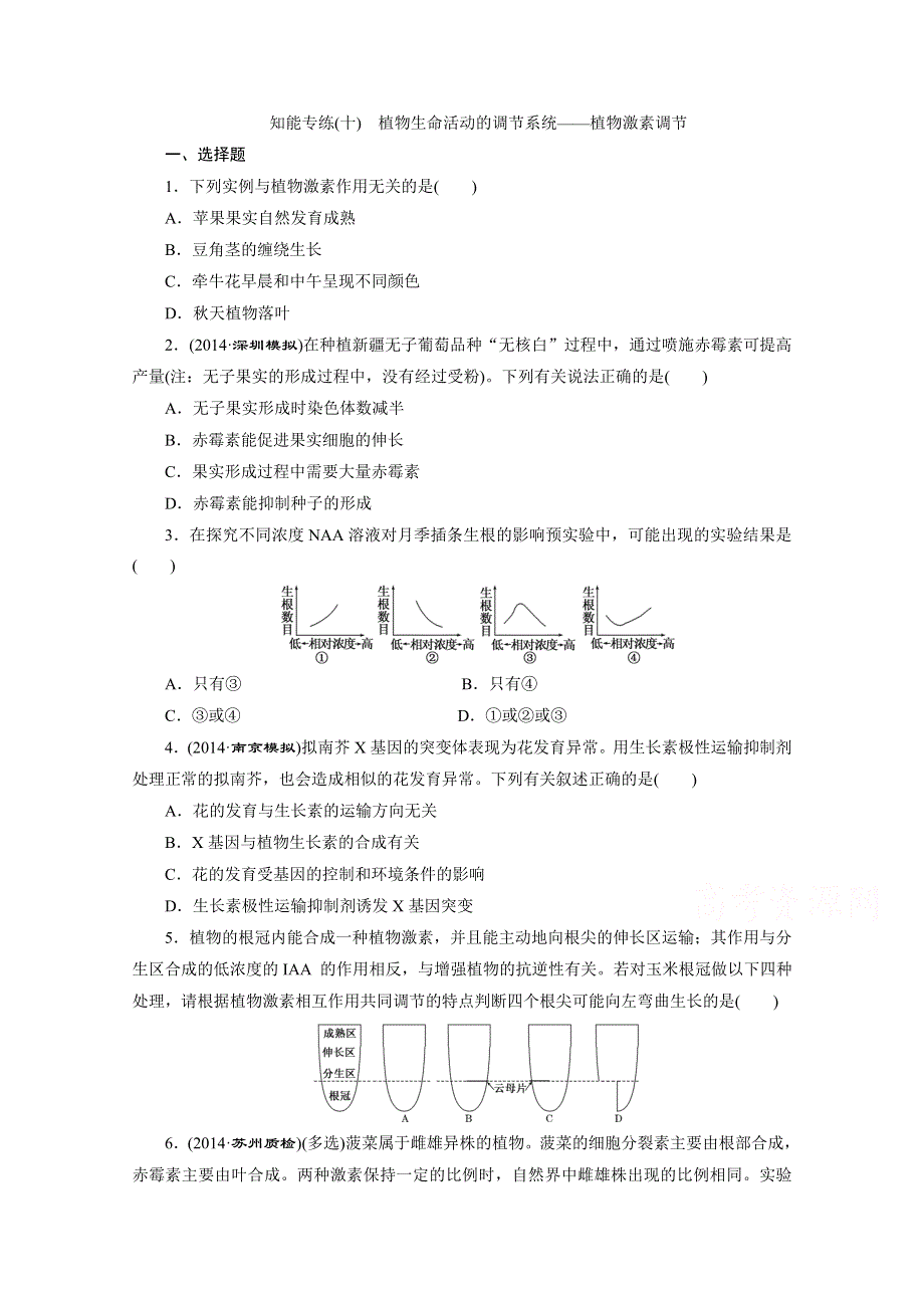 《三维设计》2015年高考生物二轮复习：知能专练(十)　植物生命活动的调节系统——植物激素调节.doc_第1页