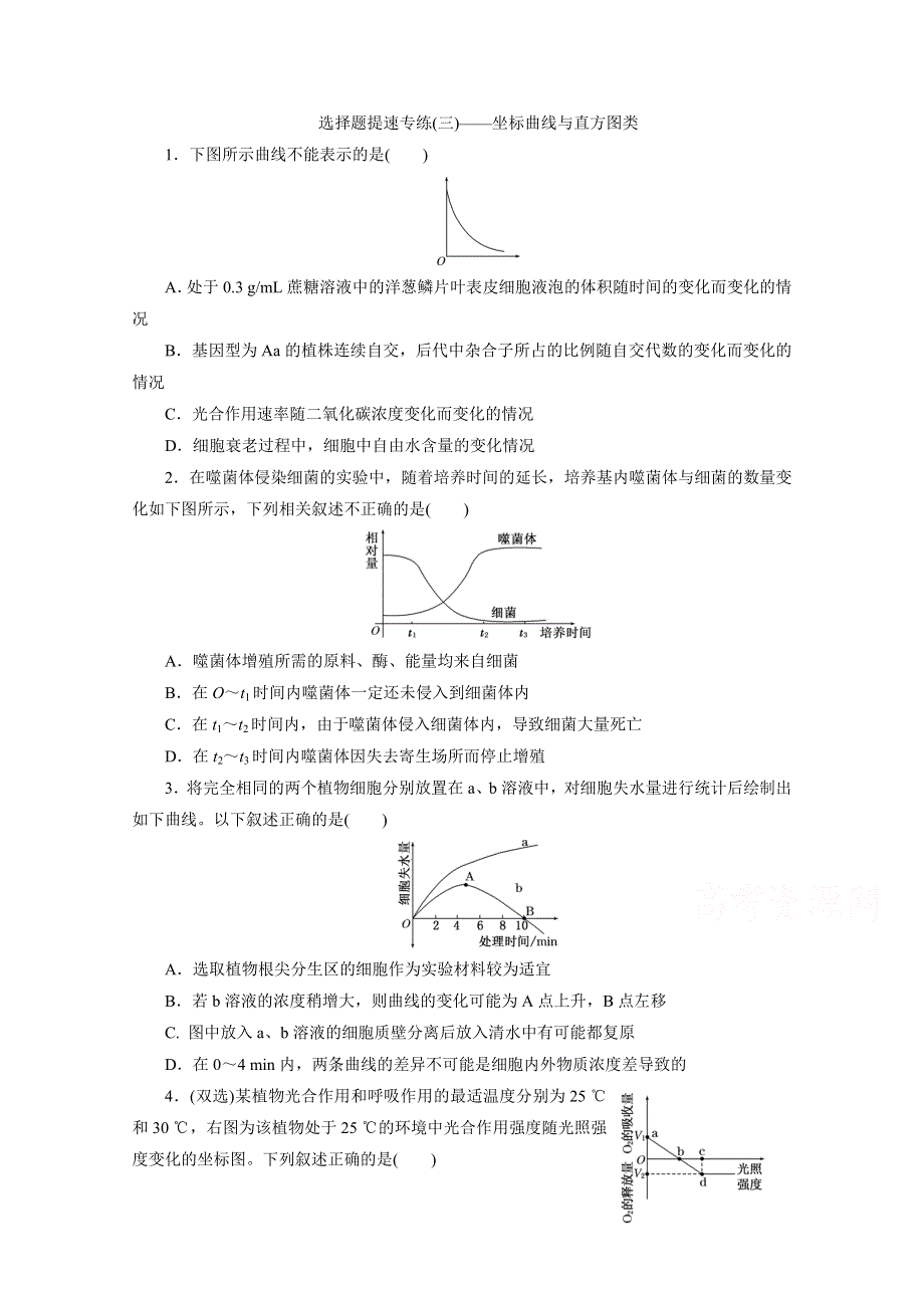 《三维设计》2015年高考生物二轮复习 选择题提速专练(三)——坐标曲线与直方图类.doc_第1页