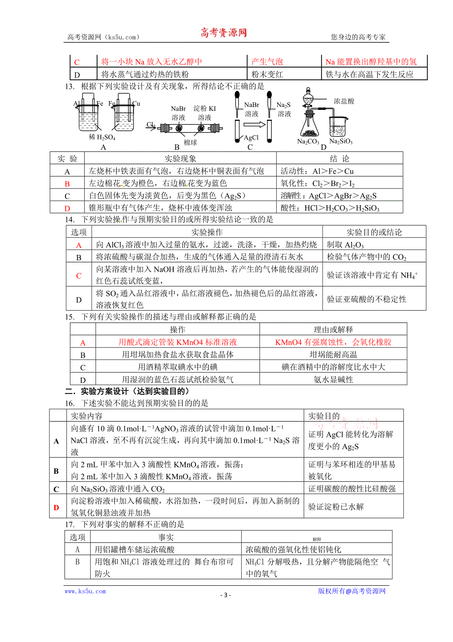 云南省腾八中2015届高三第二轮复习热点专题——化学实验选择 WORD版含答案.doc_第3页