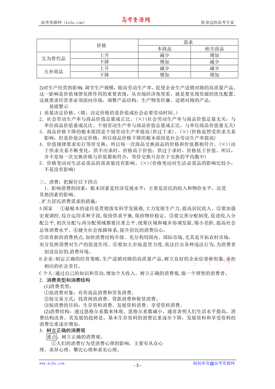 2013届高三政治二轮专题学案（备考指津+真题研析）：专题二 货币、价格与消费.doc_第3页