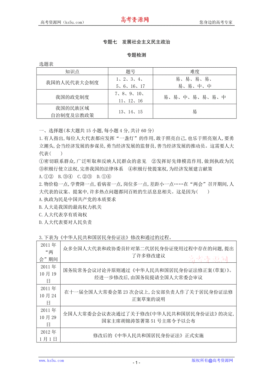 2013届高三政治二轮专题检测：专题七 发展社会主义民主政治.doc_第1页