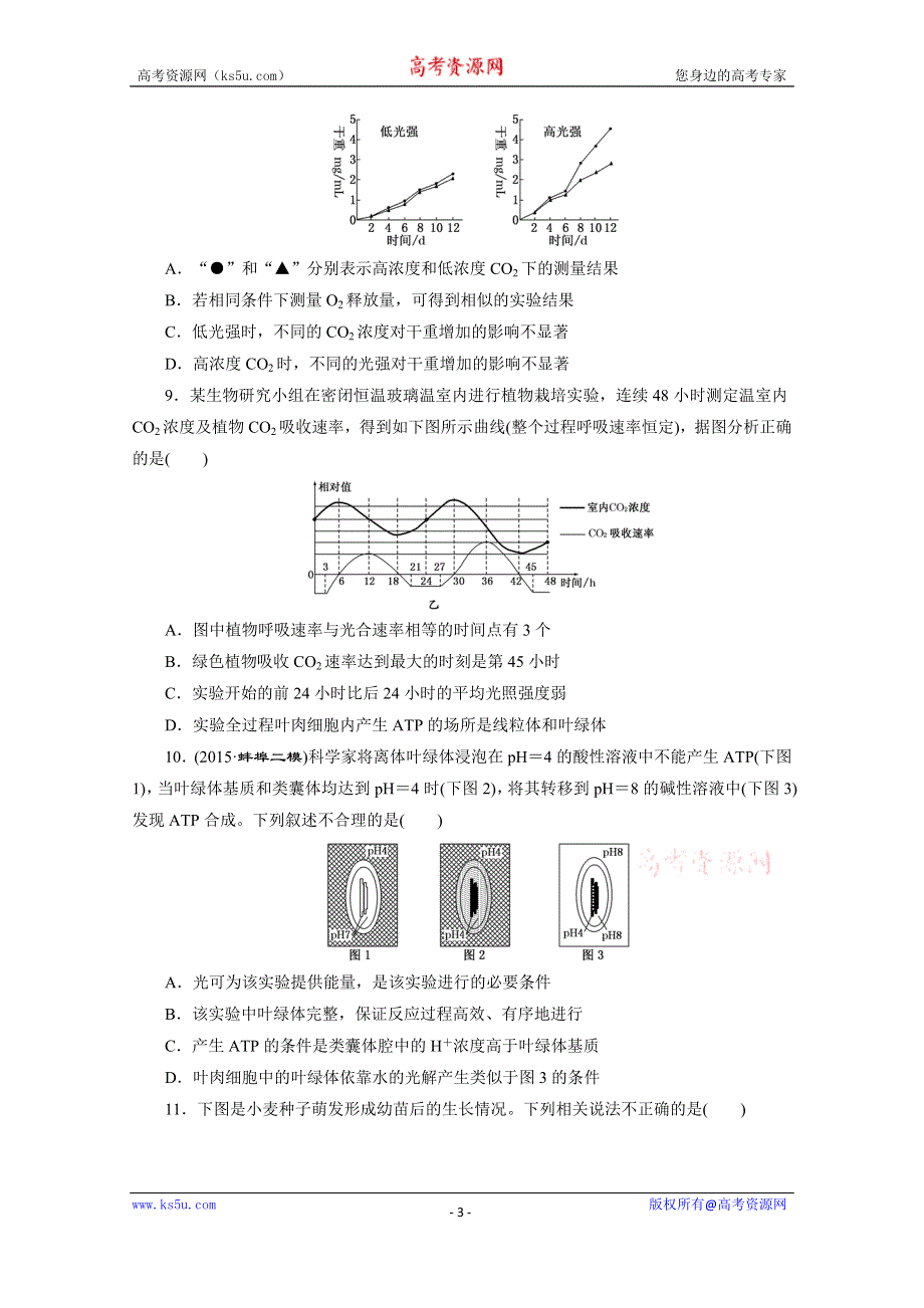 《三维设计》2016届高三生物一轮复习课时跟踪检测（十）　光合作用的过程及影响因素 .doc_第3页