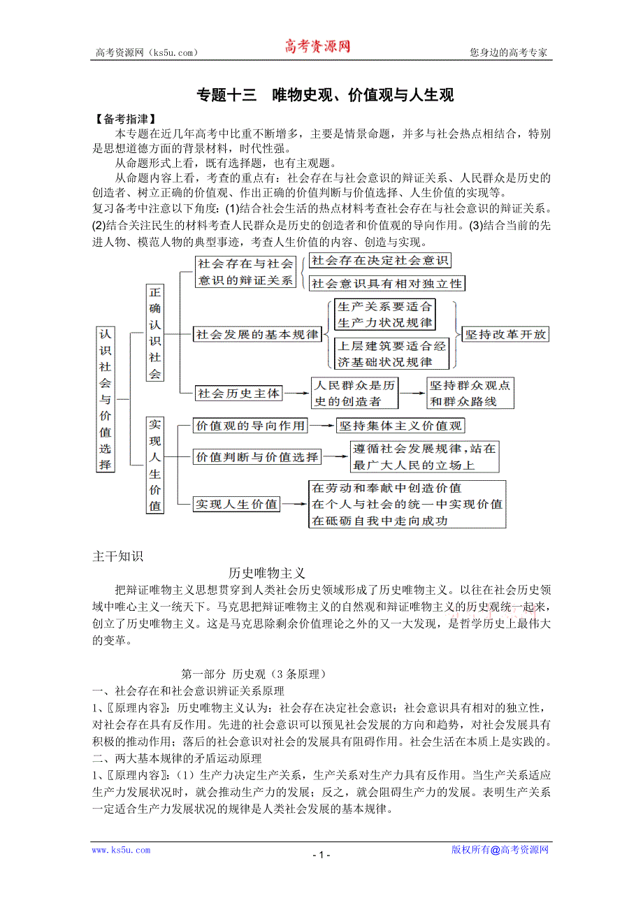 2013届高三政治二轮专题学案：专题十三唯物史观.doc_第1页