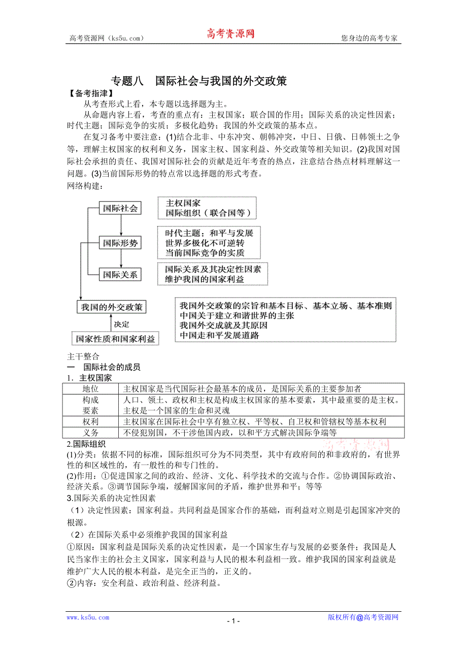 2013届高三政治二轮专题学案：专题八 国际社会与我国的外交政策.doc_第1页