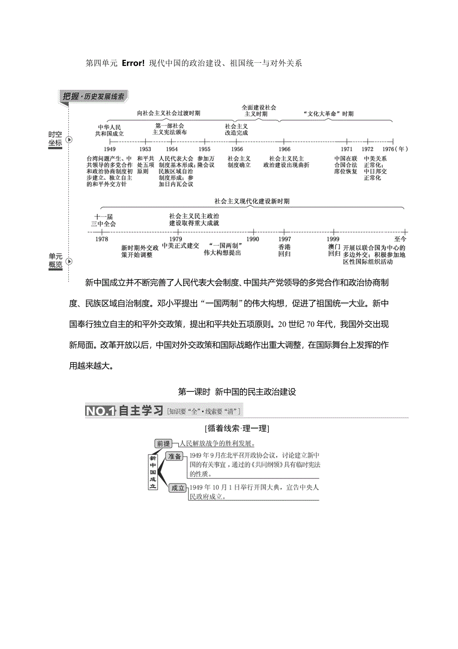 《三维设计》2016届高考历史（人教版）一轮复习第四单元 第一课时　新中国的民主政治建设导学案.doc_第1页