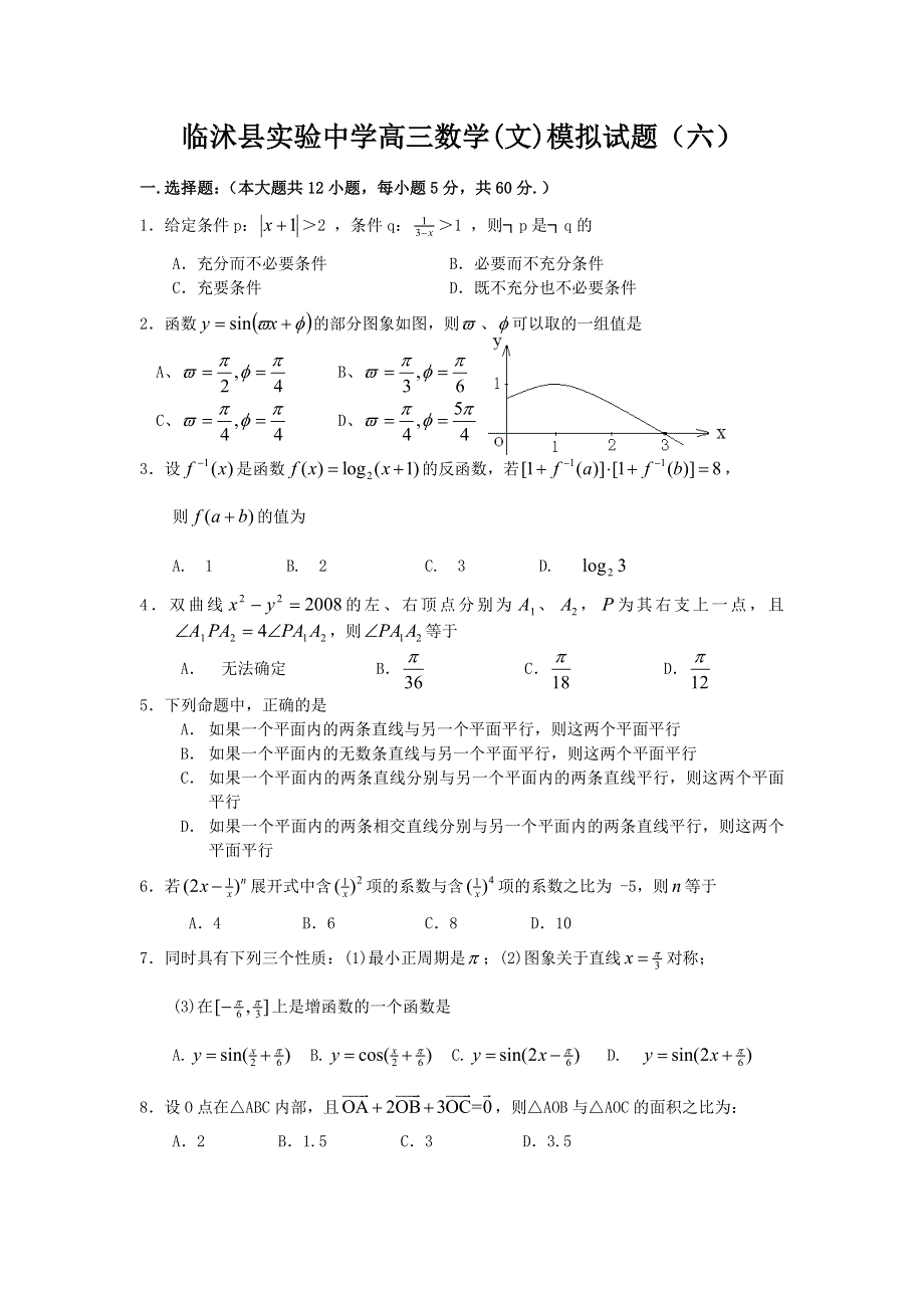 临沭县实验中学高三数学（文）模拟试题（六）.doc_第1页