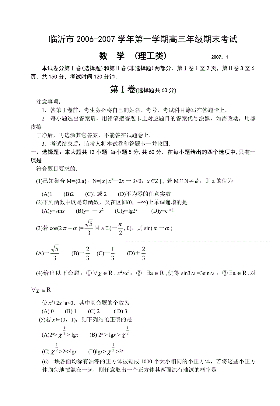 临沂市2006-2007学年第一学期高三年级期末考试（文科）.doc_第1页