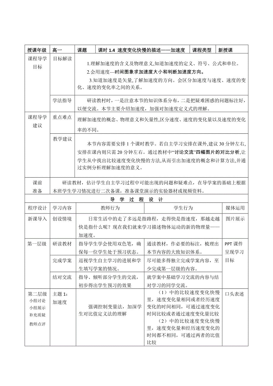 《创新设计》2015-2016学年高一物理教科版必修一教案：第一章第四节《速度变化快慢的描述——加速度》 WORD版含答案.doc_第1页