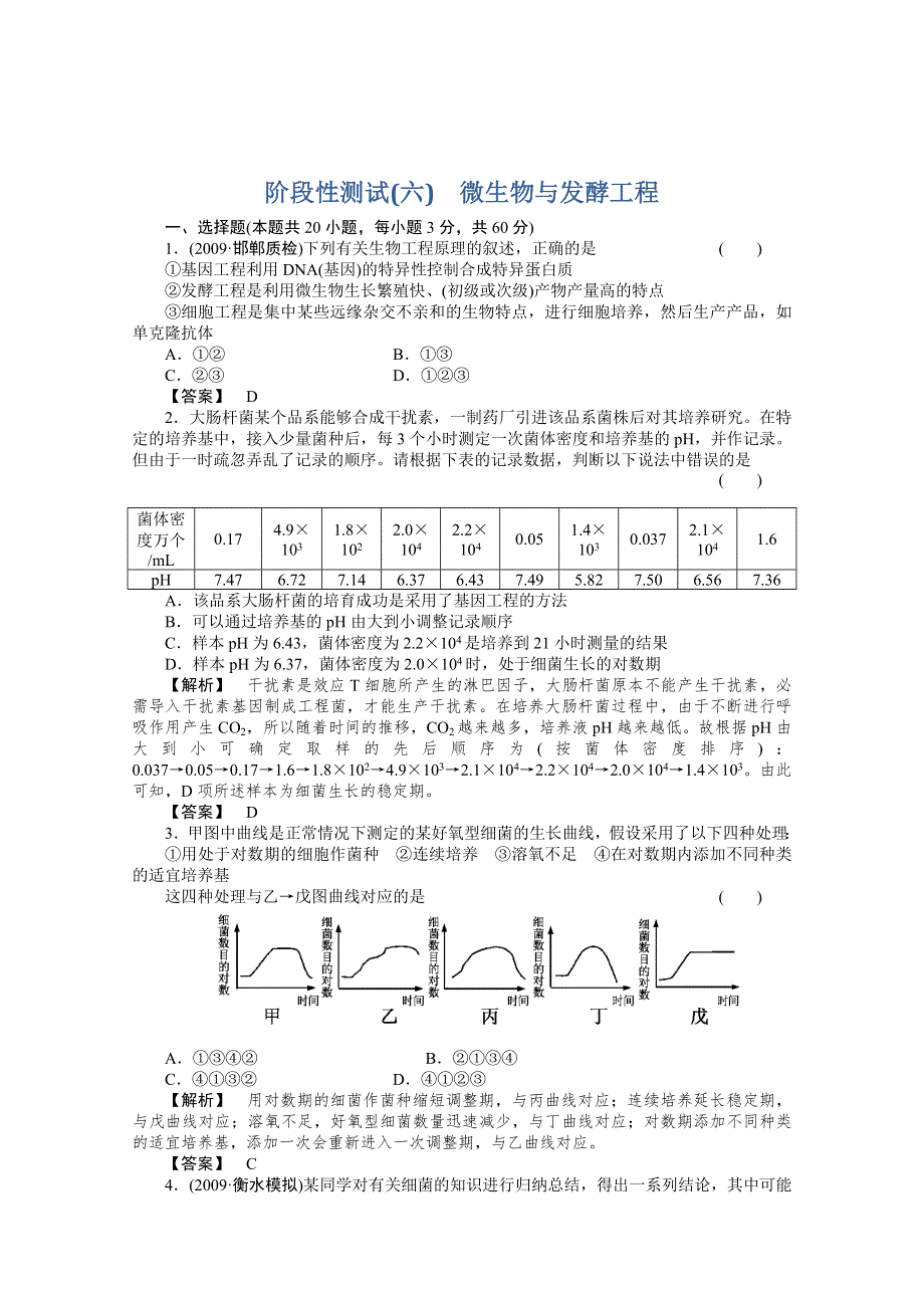 2011年高考《三维一体讲练测》生物复习指导阶段性测试6：微生物与发酵工程.doc_第1页