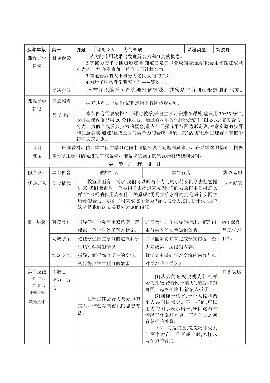 《创新设计》2015-2016学年高一物理教科版必修一教案：第二章第五节《力的合成》 WORD版含答案.doc_第1页