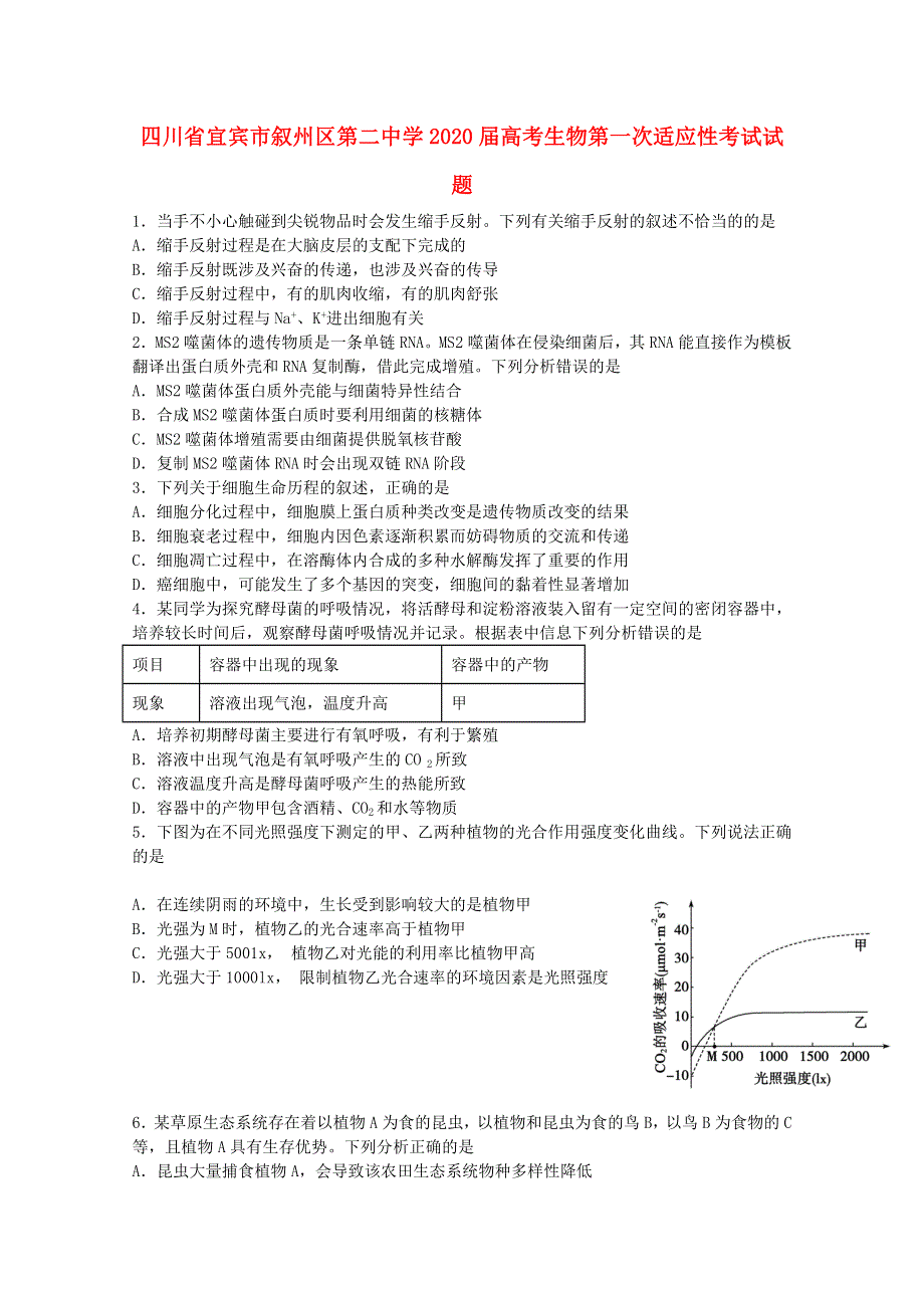 四川省宜宾市叙州区第二中学2020届高考生物第一次适应性考试试题.doc_第1页