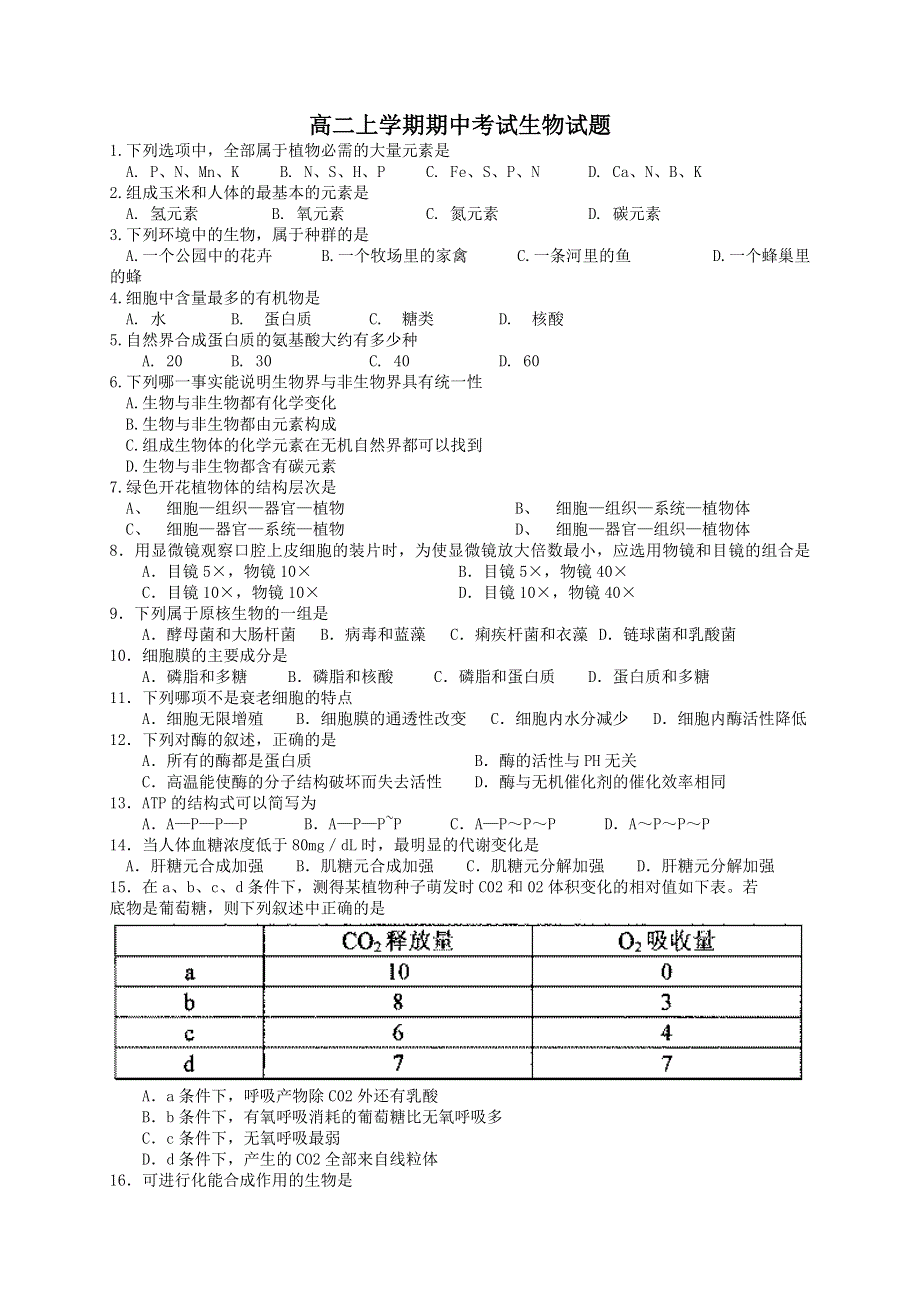 云南省蒙自县文澜高级中学2013-2014学年高二上学期期中考试生物试题 WORD版含答案.doc_第1页