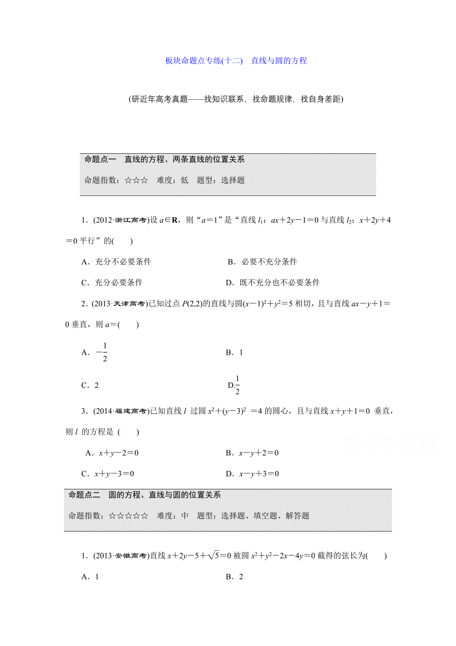 《三维设计》2016届（新课标）高考数学（文）大一轮复习板块命题点专练（十二）　直线与圆的方程 WORD版含答案.doc_第1页