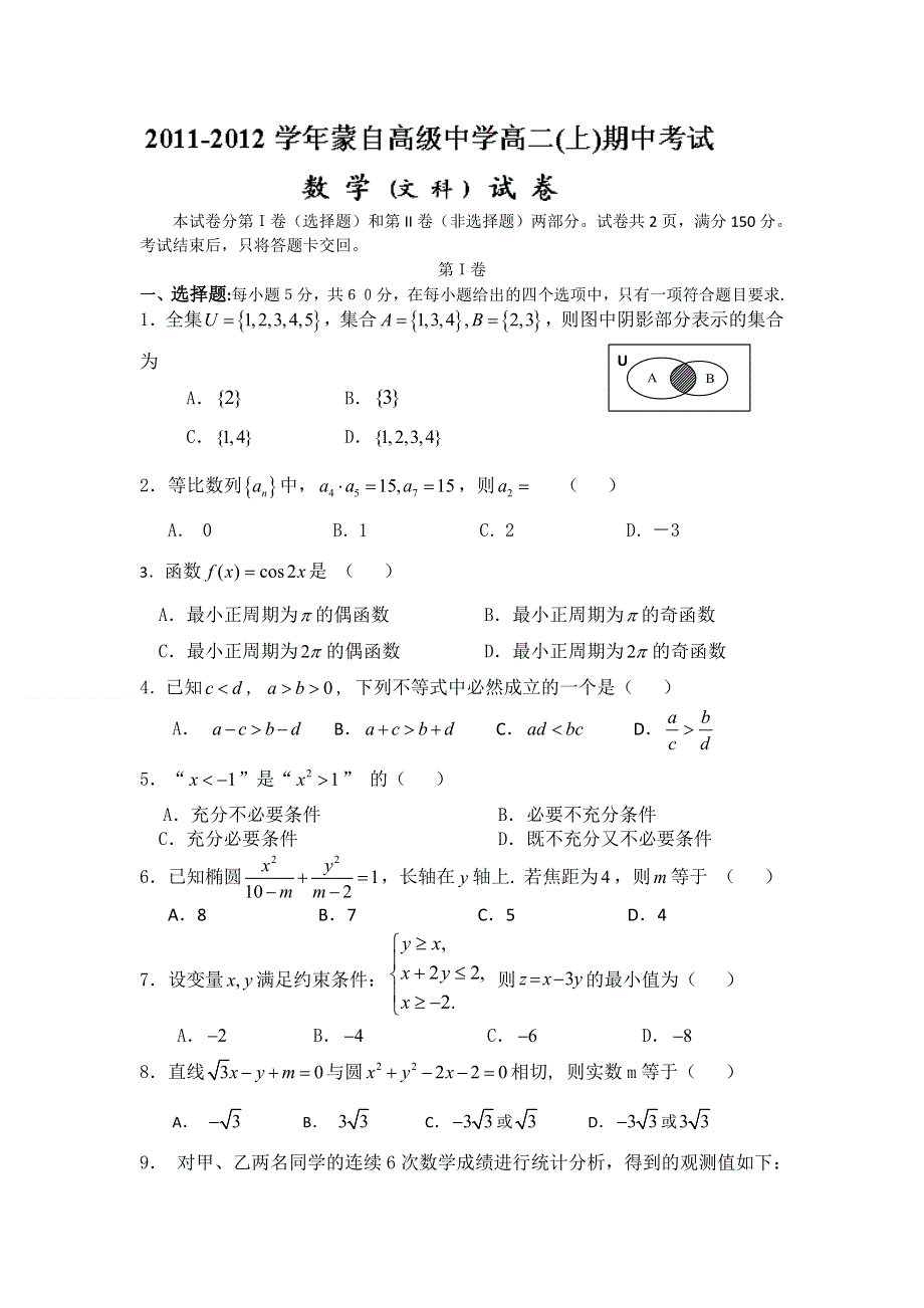 云南省蒙自高级中学11-12学年高二上学期期中考试数学（文）试题.doc_第1页