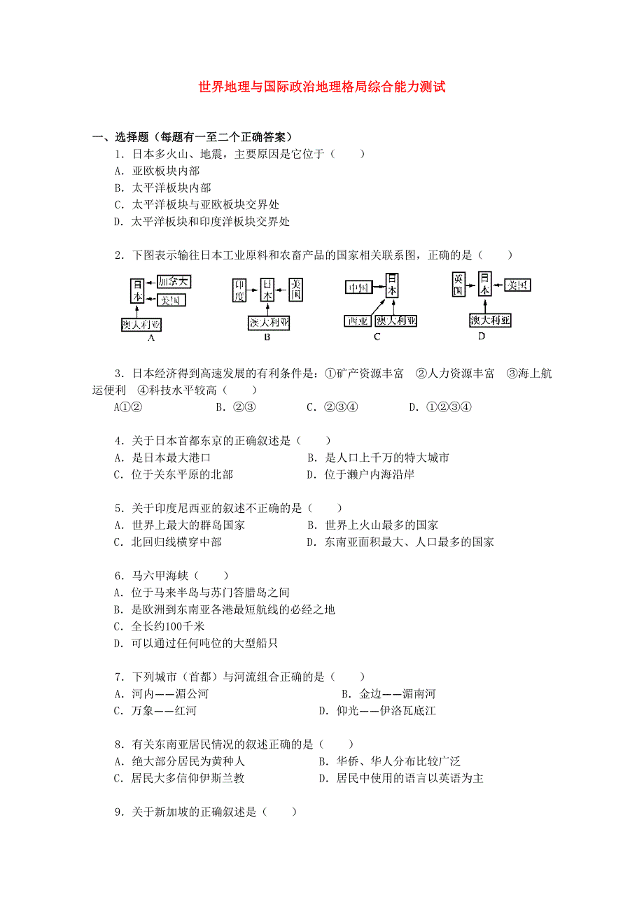 2011年高考地理专练综合测试卷—世界地理与国际政治地理格局.doc_第1页