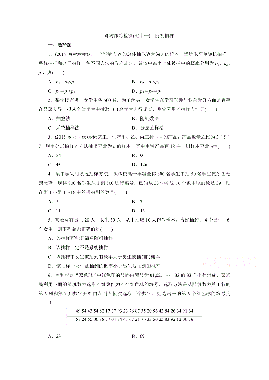 《三维设计》2016届（新课标）高考数学（理）大一轮复习 第十章 算法初步、统计、统计案例 课时跟踪检测(七十一) 随机抽样.doc_第1页