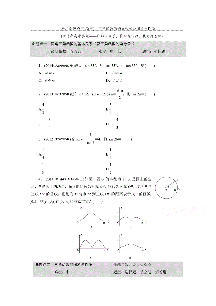 《三维设计》2016届（新课标）高考数学（理）大一轮复习 第三章 三角函数、解三角形 板块命题点专练(五) 三角函数的诱导公式及图象与性质.doc_第1页