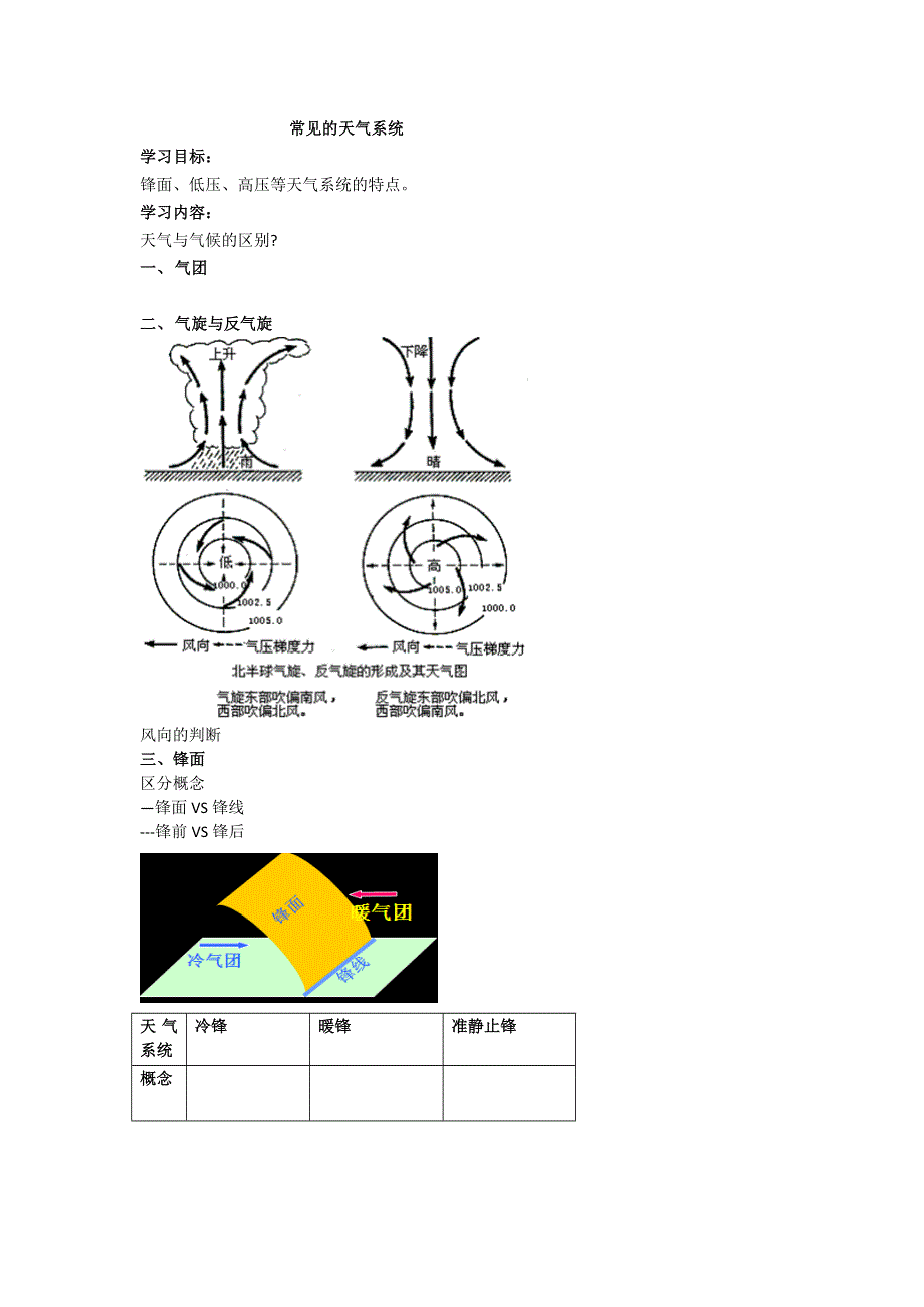 《名校推荐》北京市第四中学高考地理人教版总复习专题学案 常见的天气系统 .doc_第1页