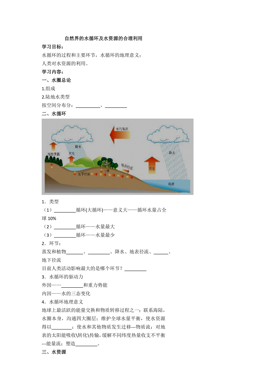 《名校推荐》北京市第四中学高考地理人教版总复习专题学案 自然界的水循环及水资源的合理利用 .doc_第1页