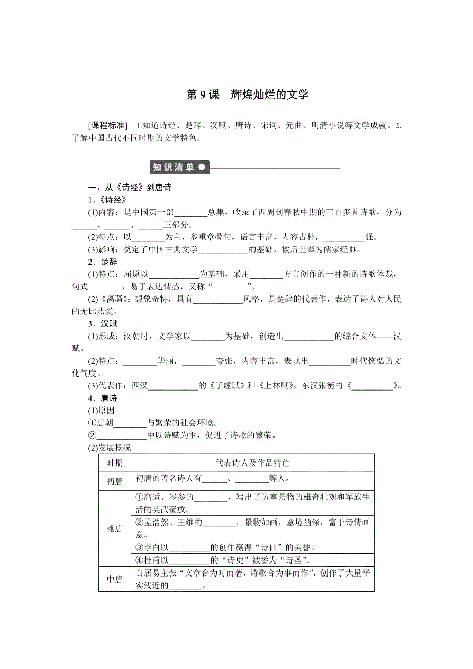 《创新设计》2015-2016学年高二历史人教版必修3对点练习：第三单元 第9课 辉煌灿烂的文学 WORD版含解析.doc_第1页