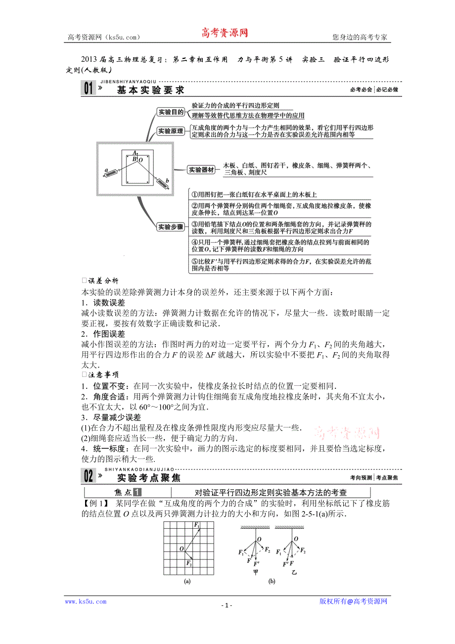 2013届高三物理总复习：第二章相互作用　力与平衡第5讲　实验三　验证平行四边形定则(人教版）.doc_第1页
