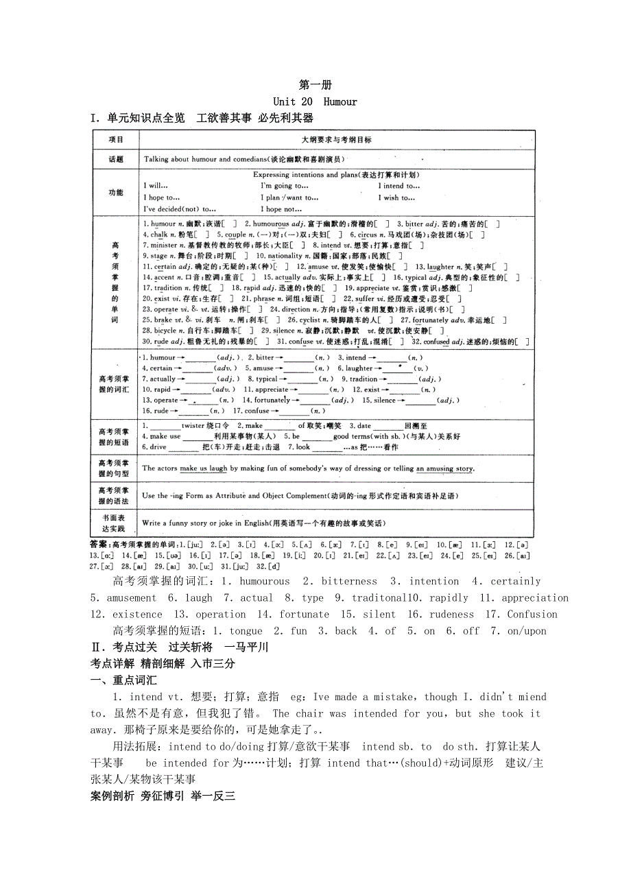 2011年高考大纲版英语总复习知识点精讲精析与高考试题预测：第一册UNIT 20 HUMOUR.doc_第1页