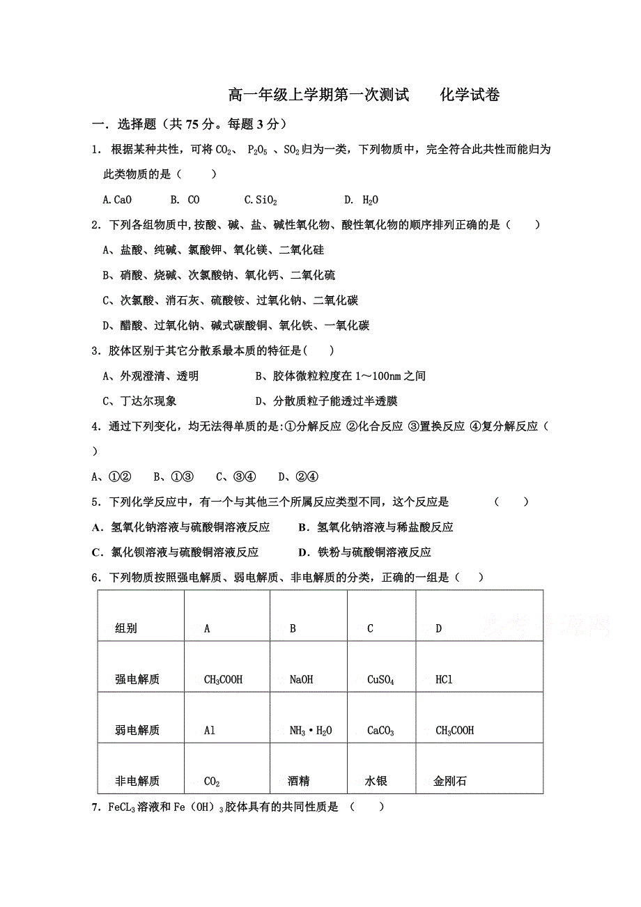 辽宁省六校协作体2019-2020学年高一上学期入学考试化学试卷 WORD版含答案.doc_第1页