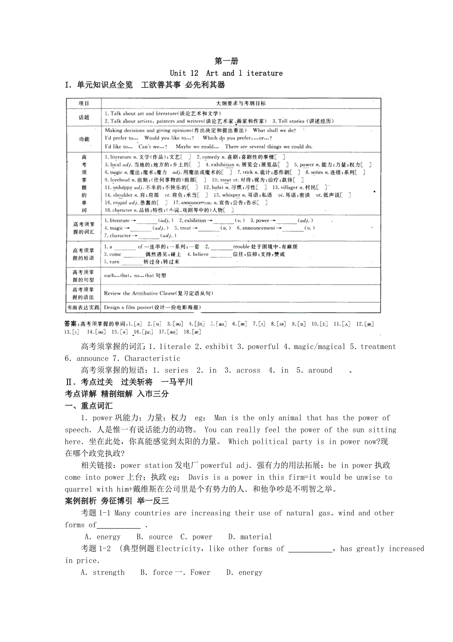 2011年高考大纲版英语总复习知识点精讲精析与高考试题预测：第一册UNIT 12 ARTAND LITERATURE.doc_第1页