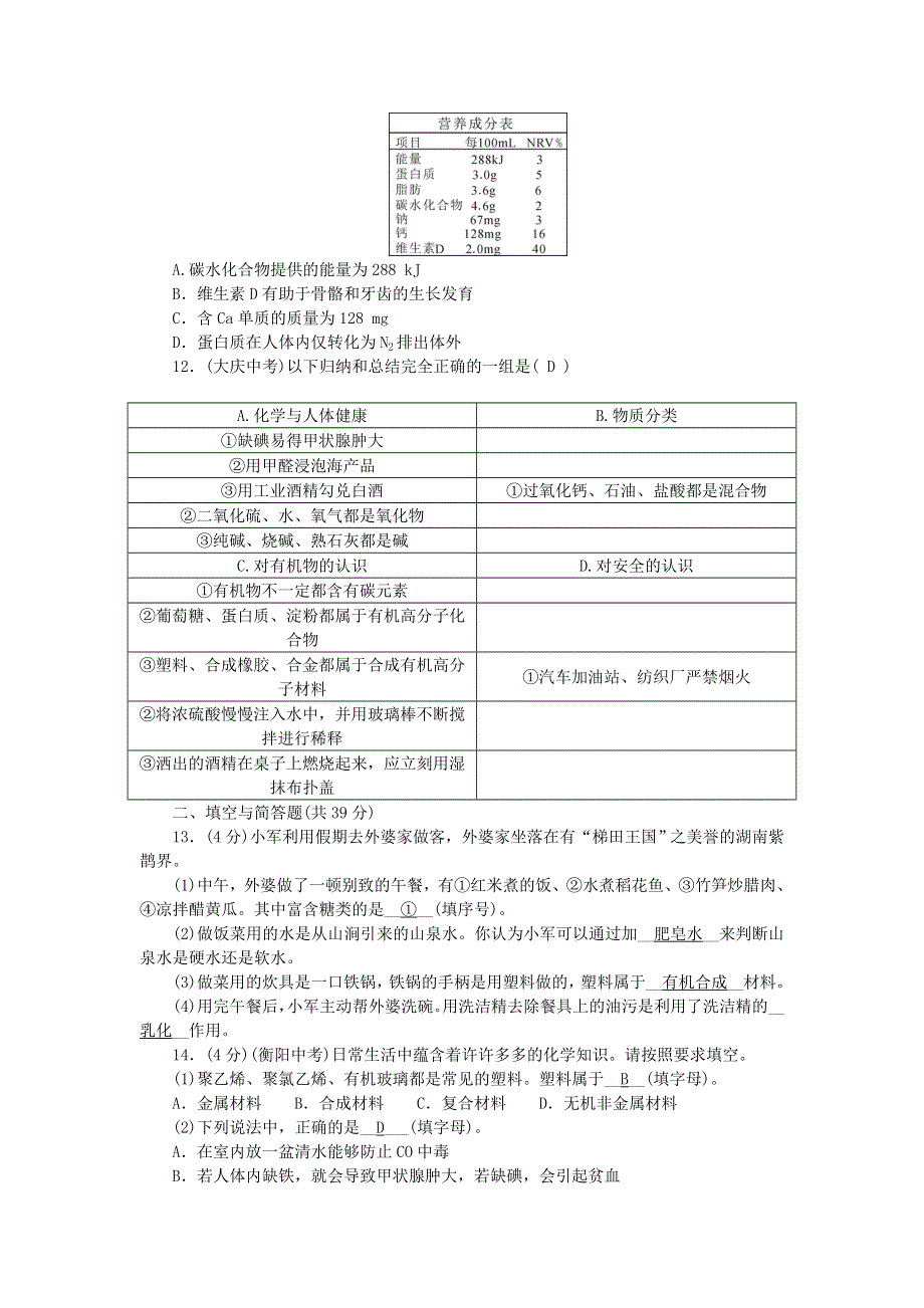 九年级化学下册 单元清（检测内容：第十二单元 化学与生活）（新版）新人教版.doc_第2页