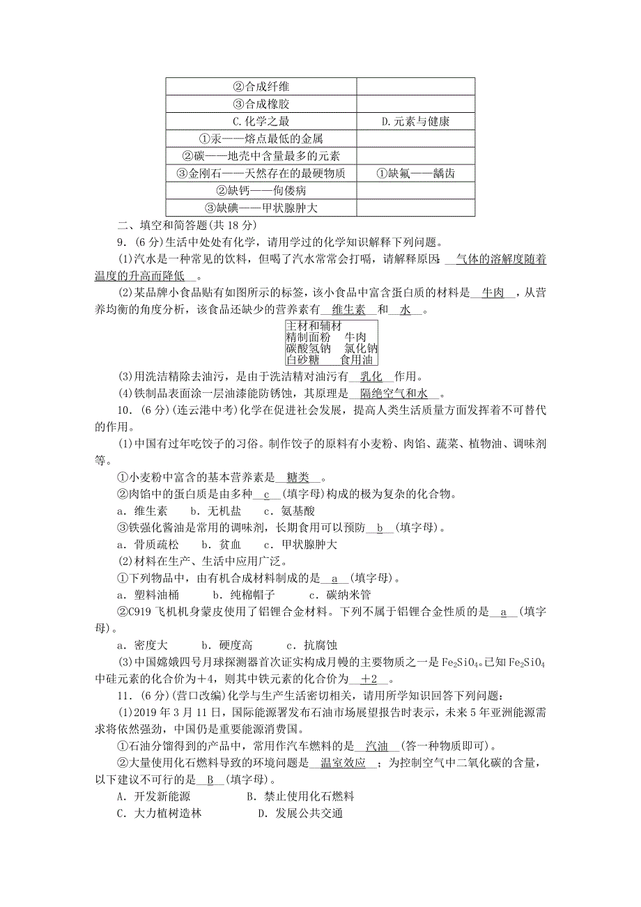 九年级化学下册 周周清（检测内容：第十二单元 化学与生活）（新版）新人教版.doc_第2页