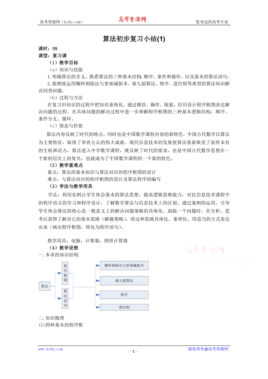 《名校推荐》吉林省东北师范大学附属中学2015-2016学年高二数学文人教A版必修三教案：1.3~09第一章--算法初步复习小结（1） .doc_第1页