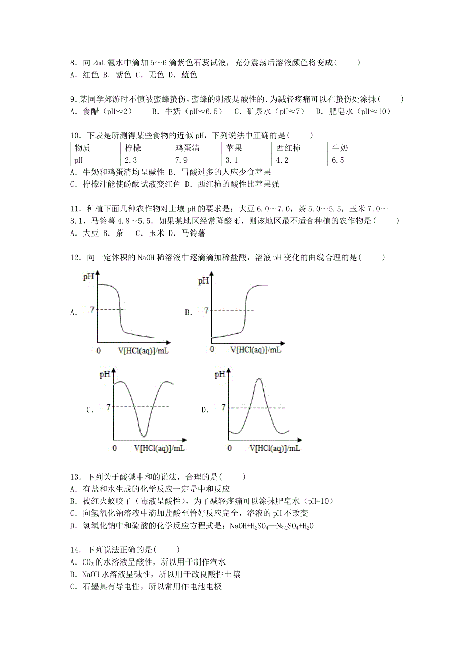 九年级化学下册 第七单元 常见的酸和碱单元综合测试卷（含解析）（新版）鲁教版.doc_第2页