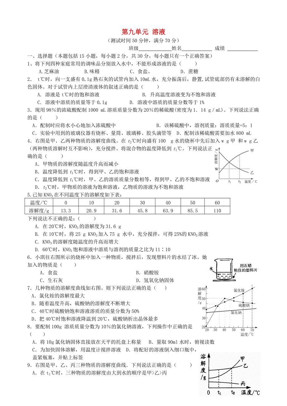 九年级化学下册 第九单元 溶液试卷（新版）新人教版.doc_第1页