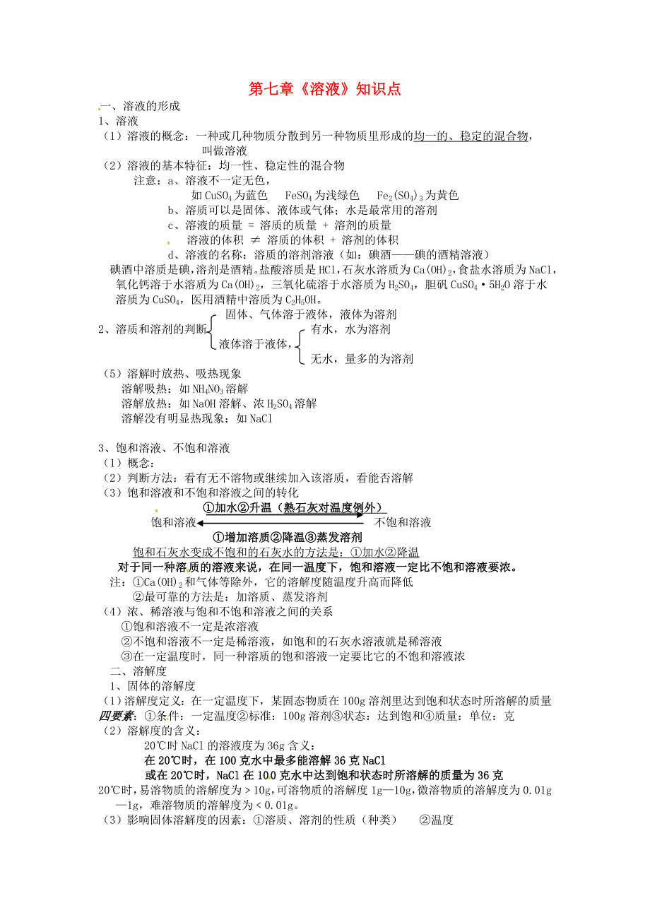 九年级化学下册 第七章 溶液知识点总结 （新版）粤教版.doc_第1页