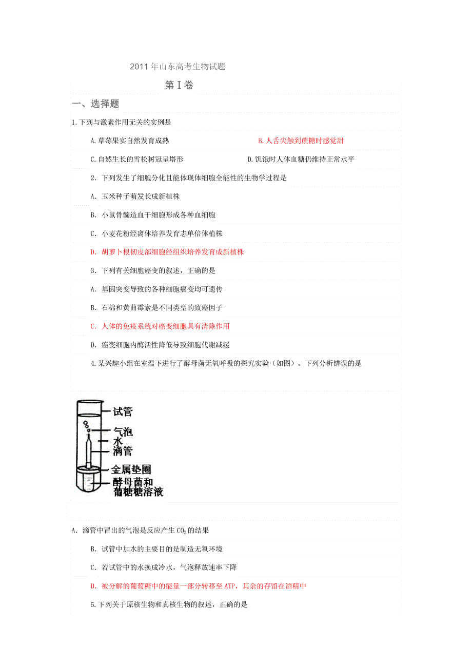 2011年高考山东省高考理综生物试题含答案WORD版.doc_第1页