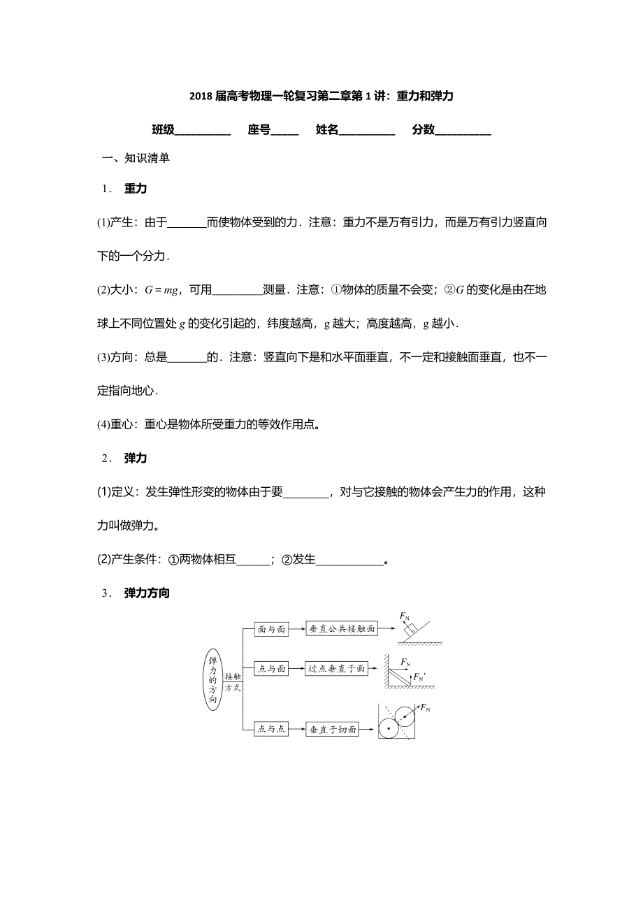 《名校推荐》安徽省芜湖市第一中学高考物理一轮复习讲义：第二章第1讲 重力和弹力 .doc_第1页