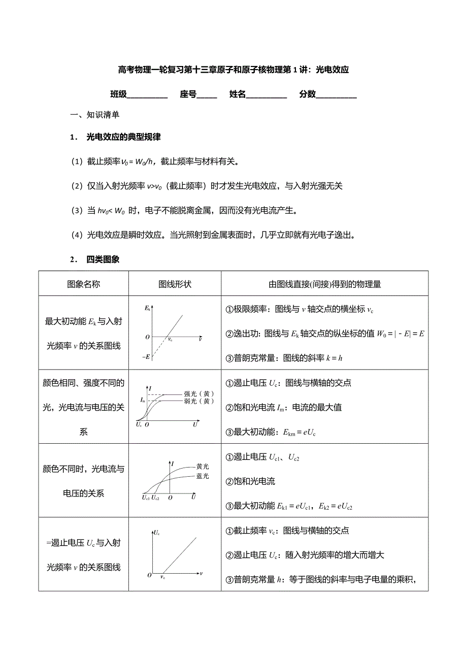 《名校推荐》安徽省芜湖市第一中学高考物理一轮复习讲义：第十三章原子和原子核物理 第1讲 光电效应 .doc_第1页