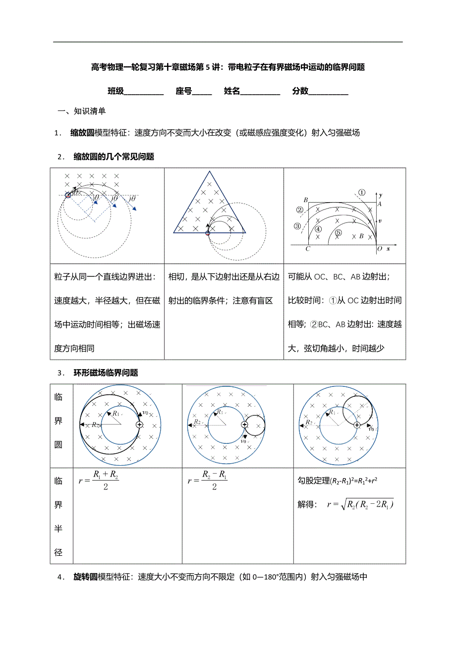 《名校推荐》安徽省芜湖市第一中学高考物理一轮复习讲义：第十章磁场 第5讲 带电粒子在有界磁场中运动的临界问题 .doc_第1页