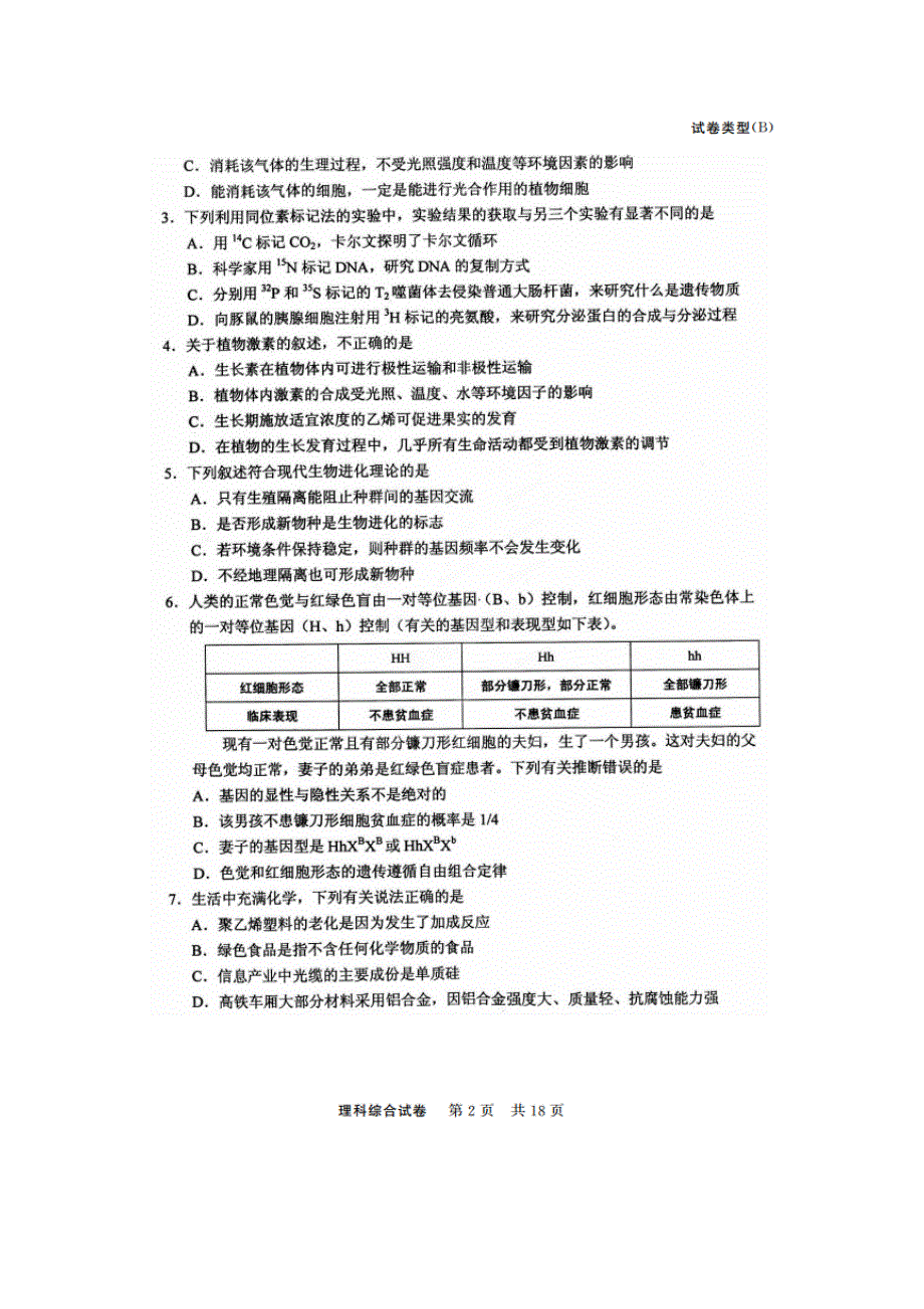 《名校》湖北省2015年普通高等学校招生模拟理综试题 扫描版含答案.doc_第2页