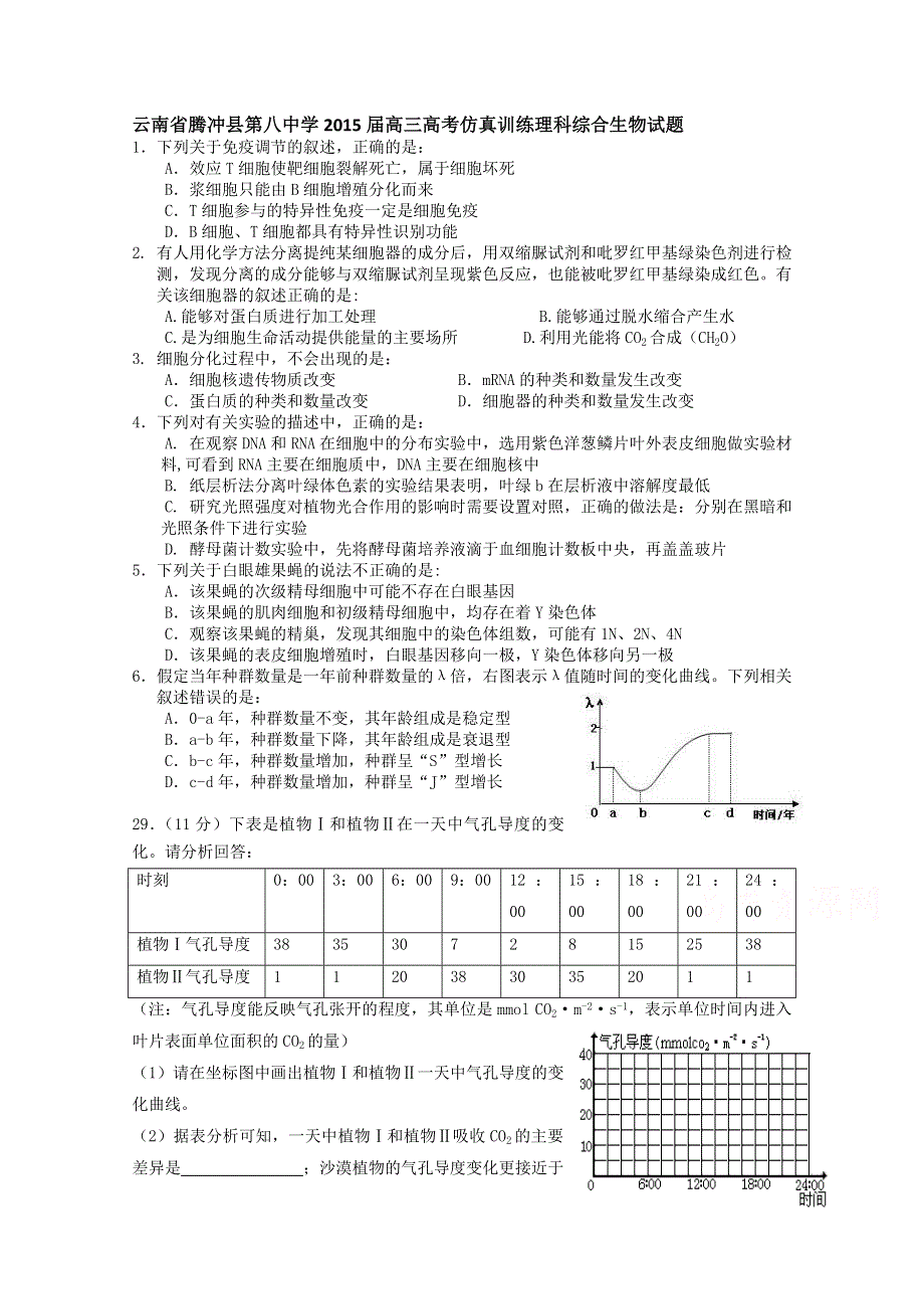 云南省腾冲县第八中学2015届高三高考仿真训练理科综合生物试题.doc_第1页