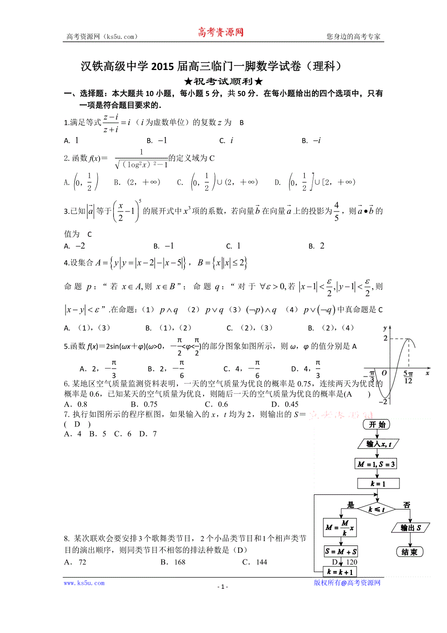 《名校》湖北省武汉市汉口铁中2015届高三临门一脚理科数学试题 WORD版含答案.doc_第1页