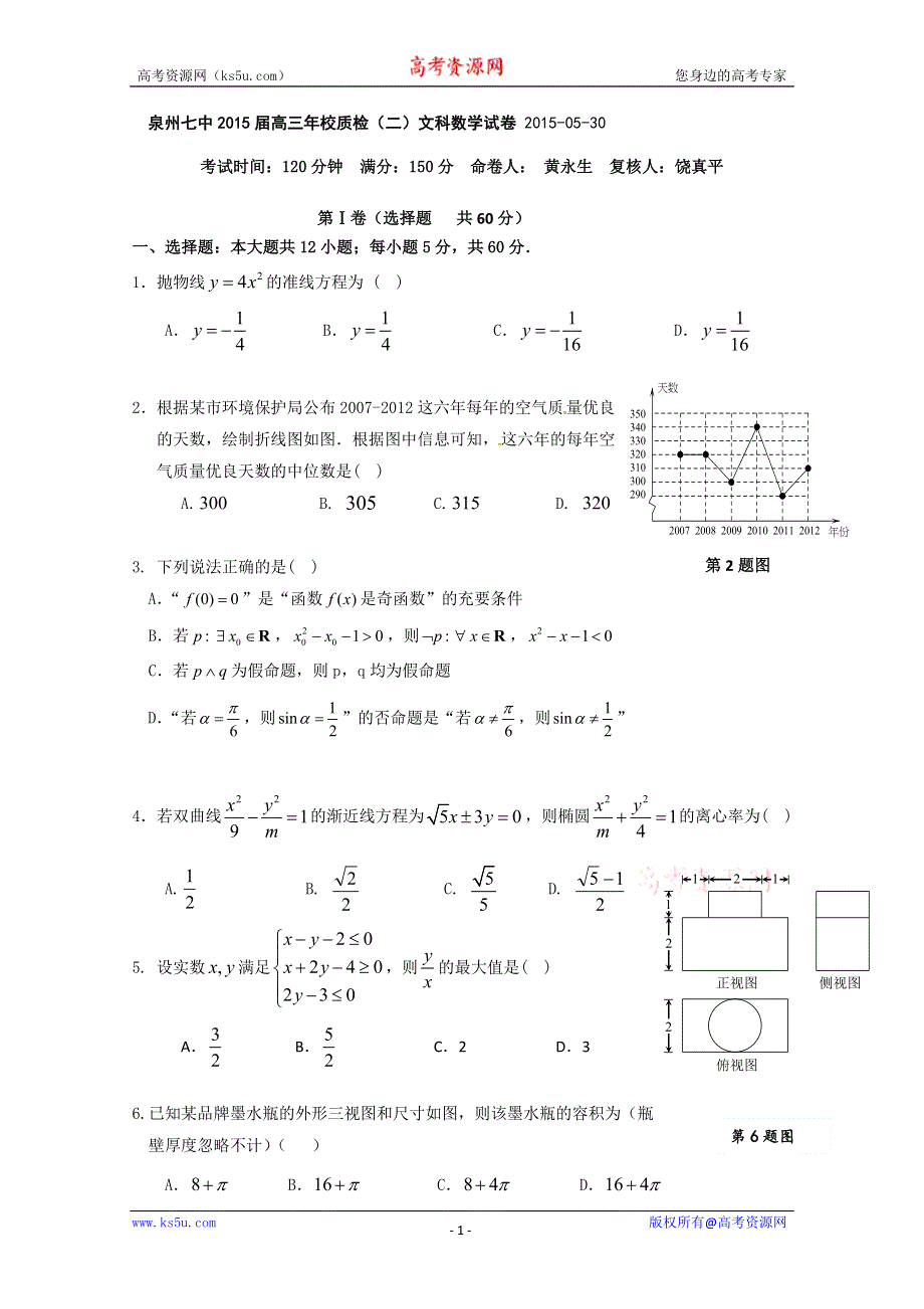 《名校》福建省泉州市第七中学2015届普通高中毕业班质量检测（二）数学（文）试题 扫描版含答案.doc_第1页