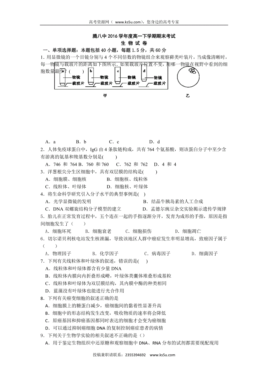 云南省腾冲市第八中学2015-2016学年高一下学期期末考试生物试题 WORD版含答案.doc_第1页