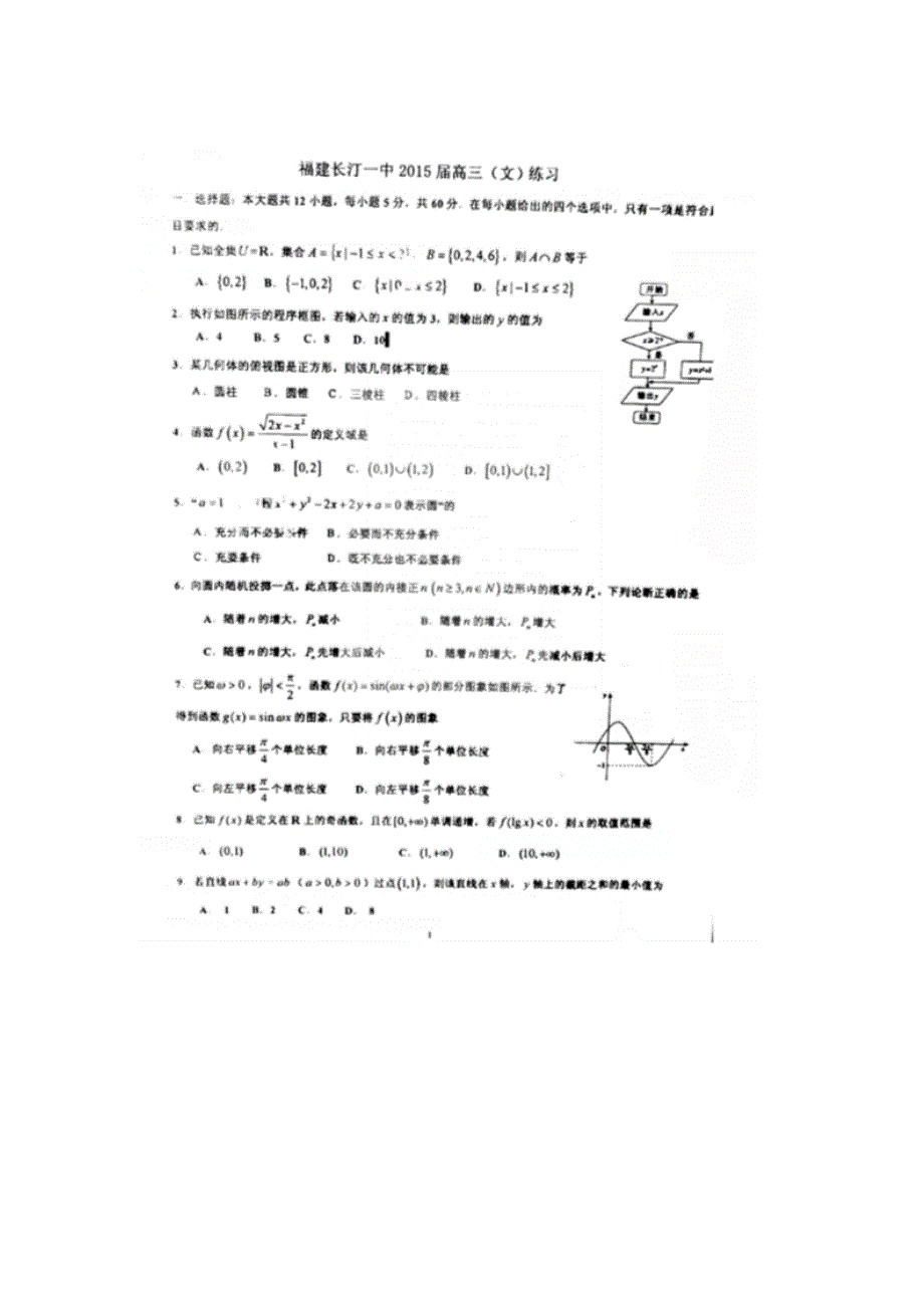 《名校》福建省长汀县第一中学2015届高三下学期第一次周考数学（文）试题 扫描版.doc_第1页