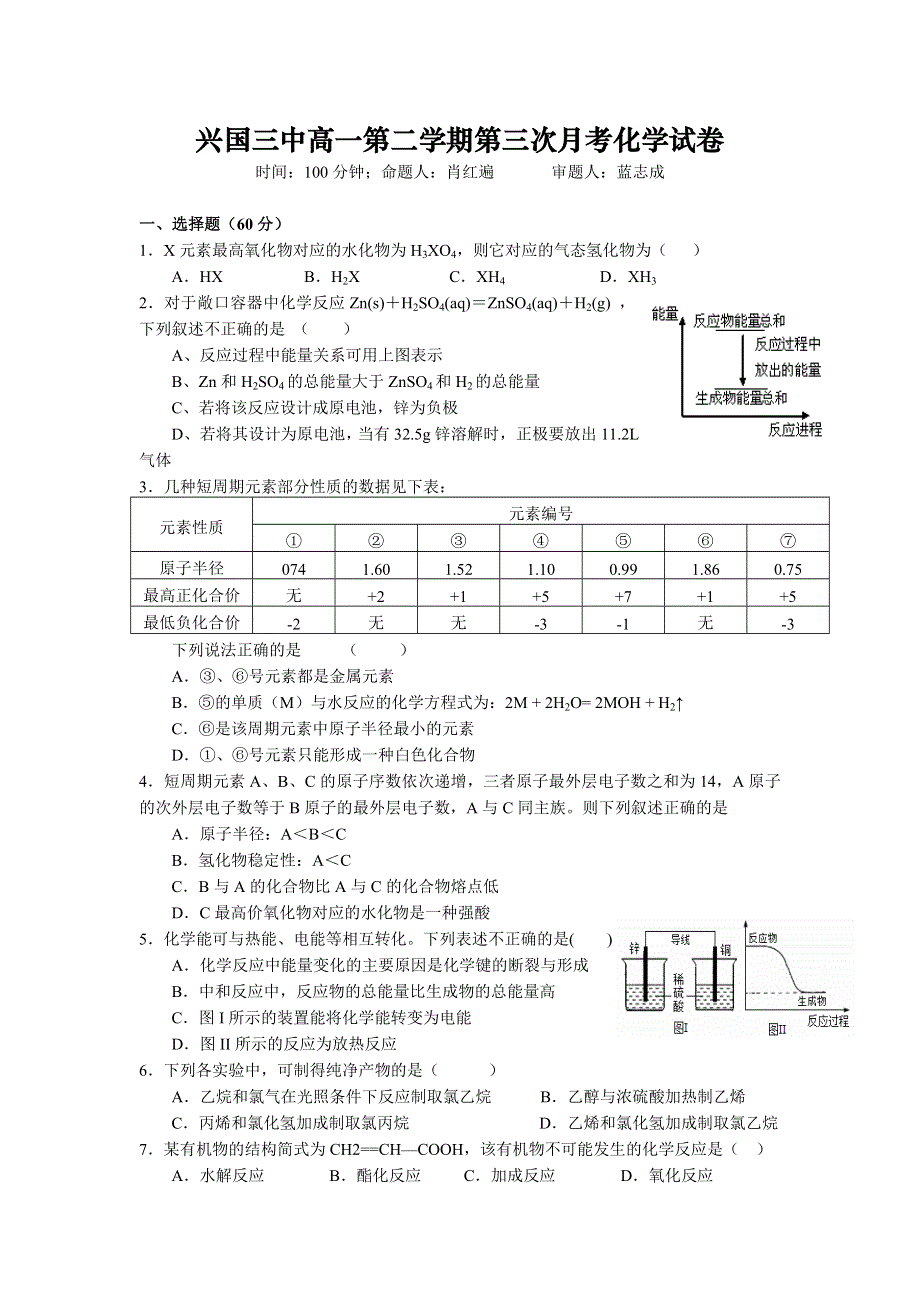 江西省兴国县第三中学2015-2016学年高一下学期第三次月考化学试题 WORD版缺答案.doc_第1页