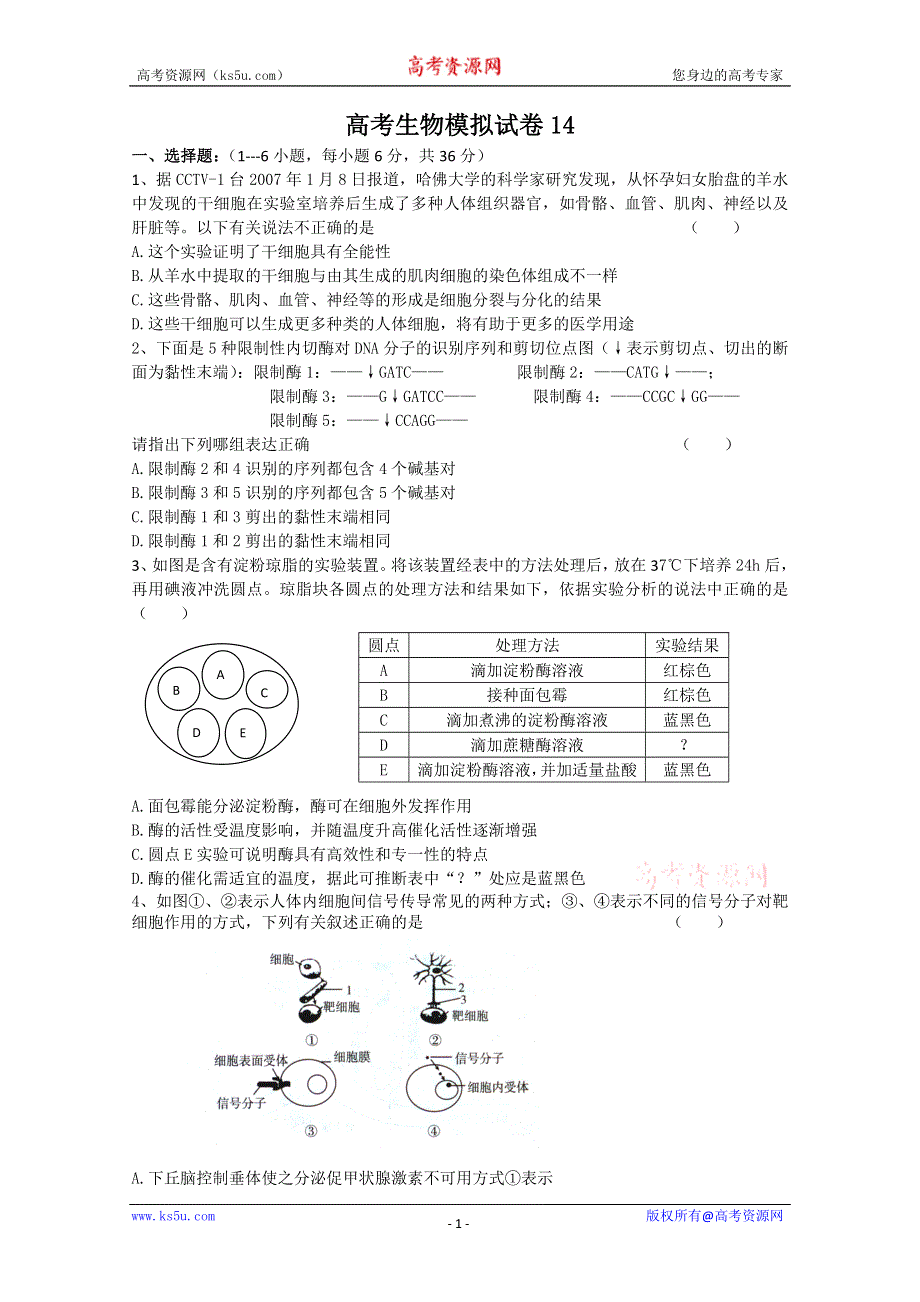 2011年高考生物一轮复习训练卷（14）.doc_第1页